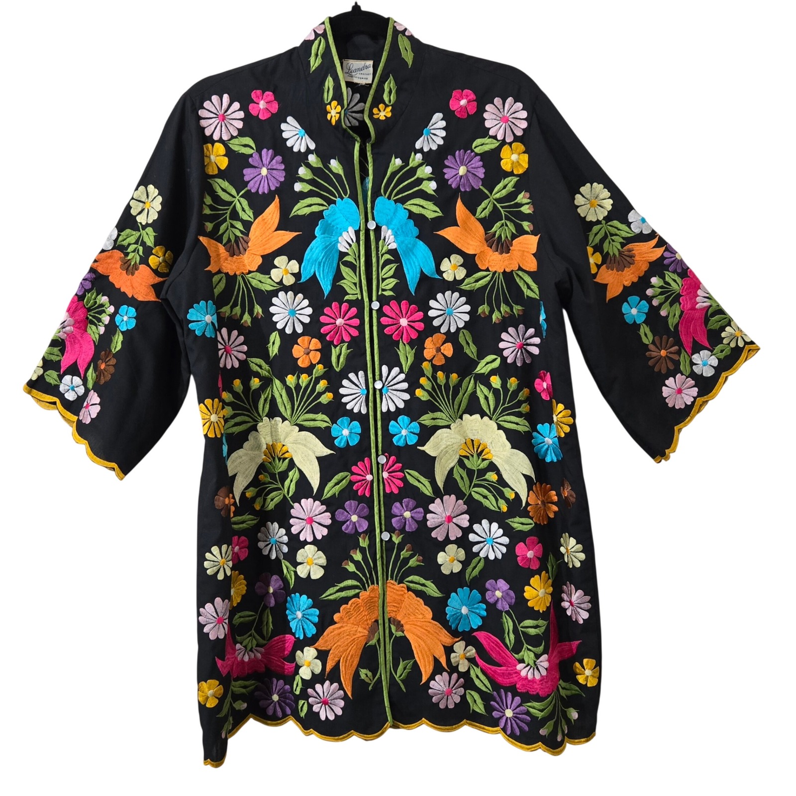 Leandra Vintage Embroidered Floral Bird Tunic Black Mandarin Collar Scallop Lg